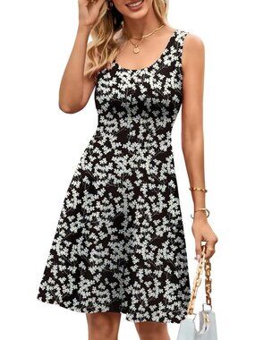 Women's Black White Flower Sleeveless Wide Strap High Waist Tank Midi Dress